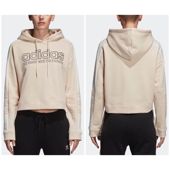 adidas Tops - Adidas Crop Moto Hoodie Tan Three Stripes